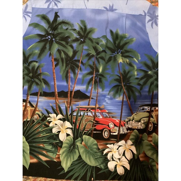 RJC Men’s Vtg Hawaiian Shirt 2XL Blue White Station Wagon Cars Aloha Pocket - Picture 10 of 16